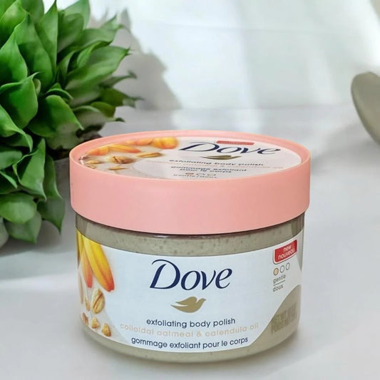 DOVE EXFOLIATING BODY POLISH SCRUB [ COLOIDAL OATMEAL AND CALENDULA OIL]