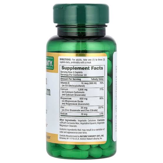 NATURE BOUNTY'S CALCIUM, MAGNESIUM AND ZINC MINERAL SUPPLEMENT|100 TABLETS|BB: 07/2026